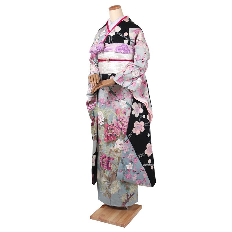 振袖 成人式 結婚式 卒業式 パーティー 振袖 販売 仮仕立て 未仕立て 仮絵羽 黒 グレー furisode 個性的 おしゃれ 振り袖71023の画像