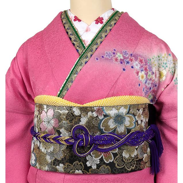 正絹振袖 着物 帯 濃紫 ピンク 花柄 フルセット 成人式 卒業式
