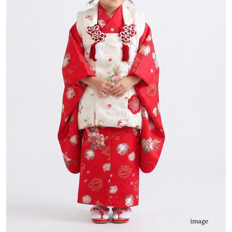 七五三 3歳　被布着物　フルセット 赤花柄 七五三 着物 3歳 レンタル フルセット 女の子 被布セット 着物レンタル