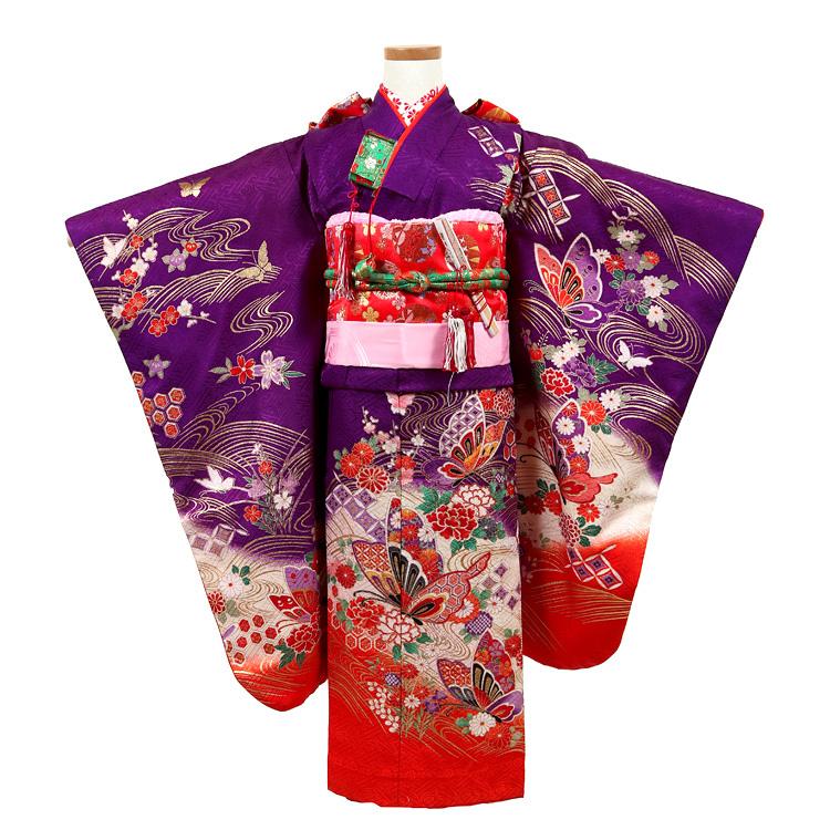 七五三　7歳　女の子　フルセット　正絹　紫　箱せこ　753 祝着 七五三 着物 7歳 レンタル フルセット 女の子 箱迫セット 着物