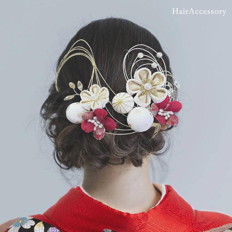 髪飾り 振袖 成人式 卒業式 袴 結婚式 パーティー 着物 和装 ヘアアクセ 水引 花飾り ヘッドドレス 金 赤 3点セット e280 | 