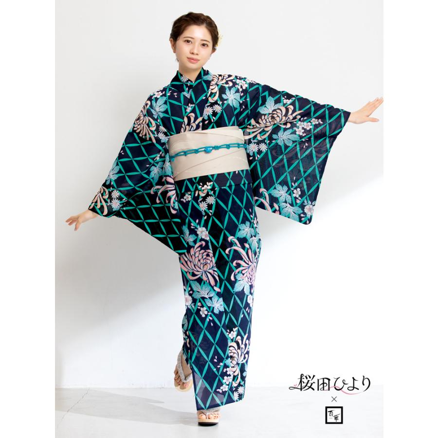 浴衣 レディース 百華 桜田ひより 浴衣 帯 飾り紐 3点セット ゆかた ブランド 大人 かわいい レトロ yukat プレタ フリーサイズ 紺 ly282の画像