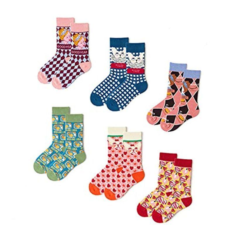 大特価 Doublezhou 靴下レディース かわいい 靴下 上質な コットンソックス ハイクルー丈 6足セット カラフルなデザイン 女性用 Hi Tech Boutique