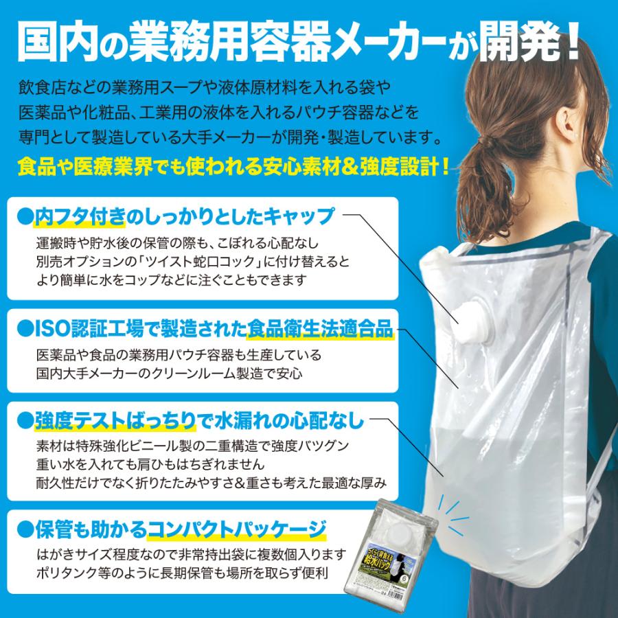 業務用1ケース100個入 らくらく背負える給水バッグ 6L／リュック型ウォーターバッグ 災害 防災グッズ 非常用給水袋 避難 キャンプ 断水 貯水 水の運搬 日本製の画像