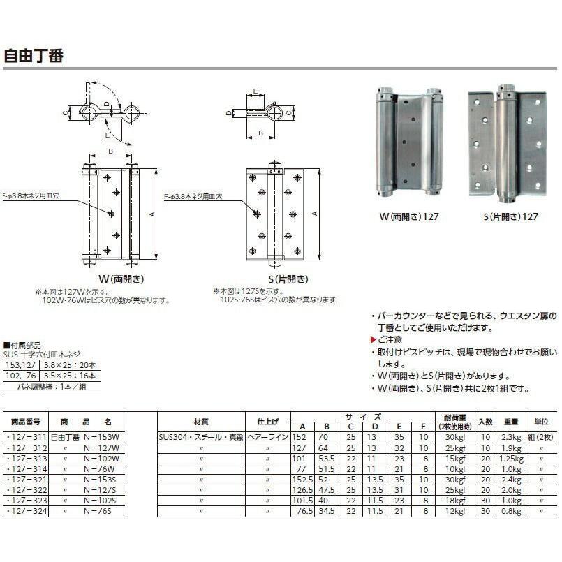 杉田エース 自由丁番W(両開き)76mm N-76W(127-314)2枚1組 杉田エース 自由丁番W(両開き)76mm N-76W(127-314)2枚1組