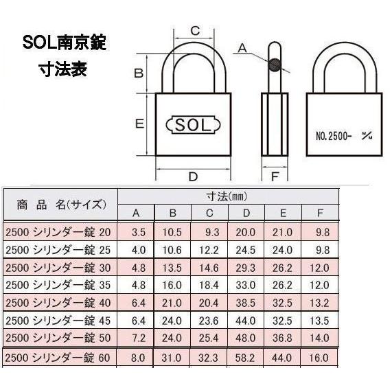 SOL（ソール）シリンダー南京錠 No.2500-60mm 同一キー No.AR32344【2