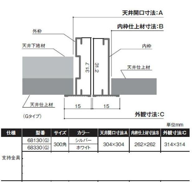 サヌキ SPG アルミ天井点検口 300角 シルバー 支持金具付（68130G