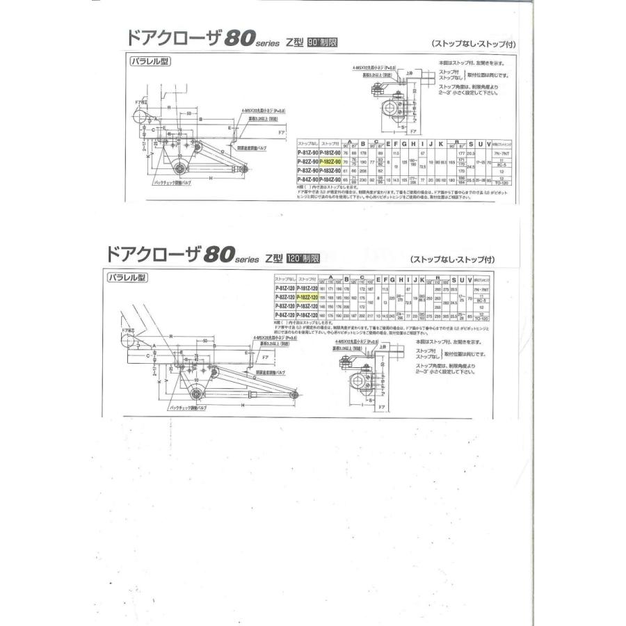 ニュースター Z型ドアクローザー P-182Z-90(90°制限付)/P-182Z-120(120°制限付)シルバー パラレル型ストップ付｜kyoto-e-jiro｜02