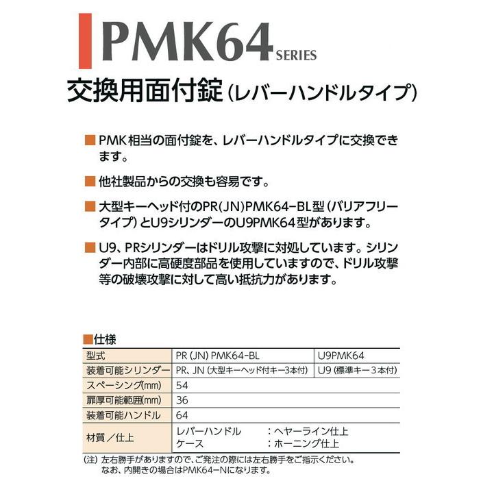 MIWA ミワ U9 PMK64 公団用取替面付錠レバーハンドルタイプ) 扉厚36mm