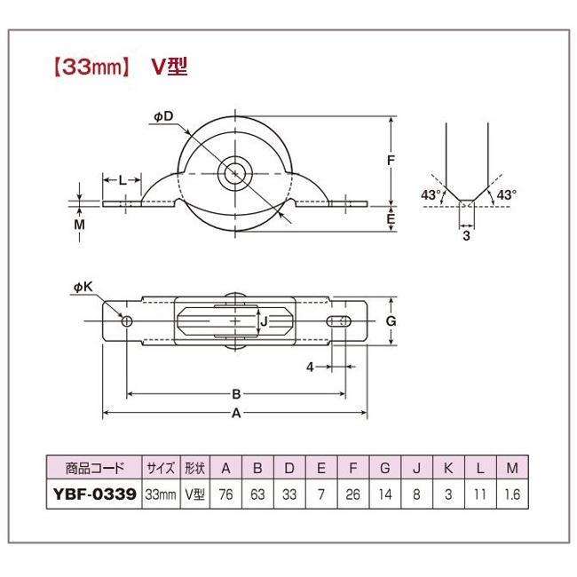 ヨコヅナ 防音ゴールド戸車 YBF-0339 V型 33mm（鉄枠）【8個までゆう