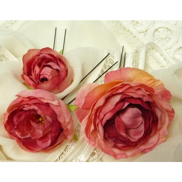 振り袖・和装・洋ドレス用 髪飾りラナンキュラス3本セット めちゃかわレッド | 