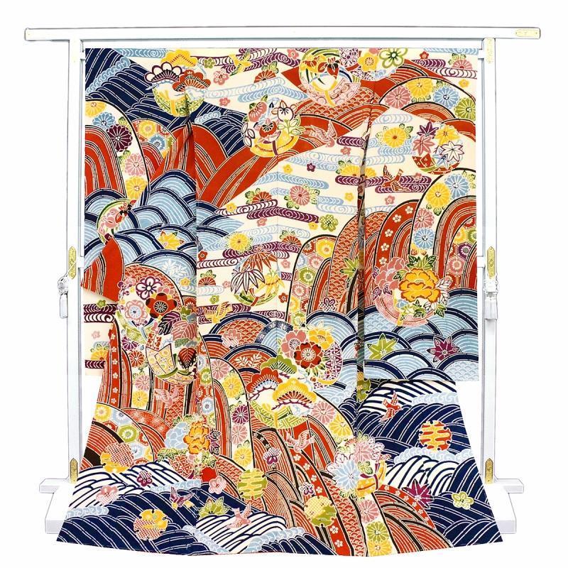 ※記念感謝祭【仕立無料】京友禅工芸手染本加工振袖☆特撰紅型琉球王朝吉祥四季花文☆別誂シボちりめん生地10010500