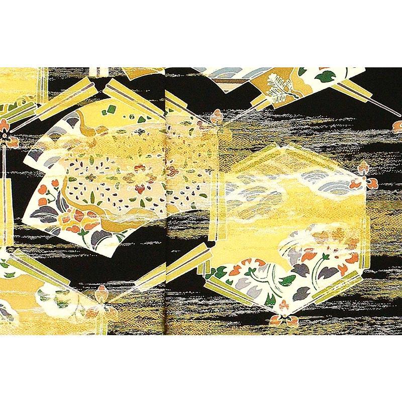 ※記念感謝祭【仕立無料】京都工芸手描友禅黒留袖☆日本の絹霞縫取生地☆祝四季花扇面文☆幅広仕様10011355の画像