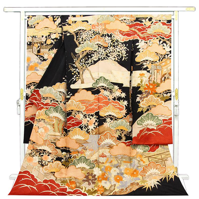 りゆり新品、最高級正絹産着京友禅手描き美術、特撰加賀五彩染、祝い四季花車 記念感謝祭【仕立無料】京友禅伝統工芸多色手描き、焼き箔友禅染☆祝松