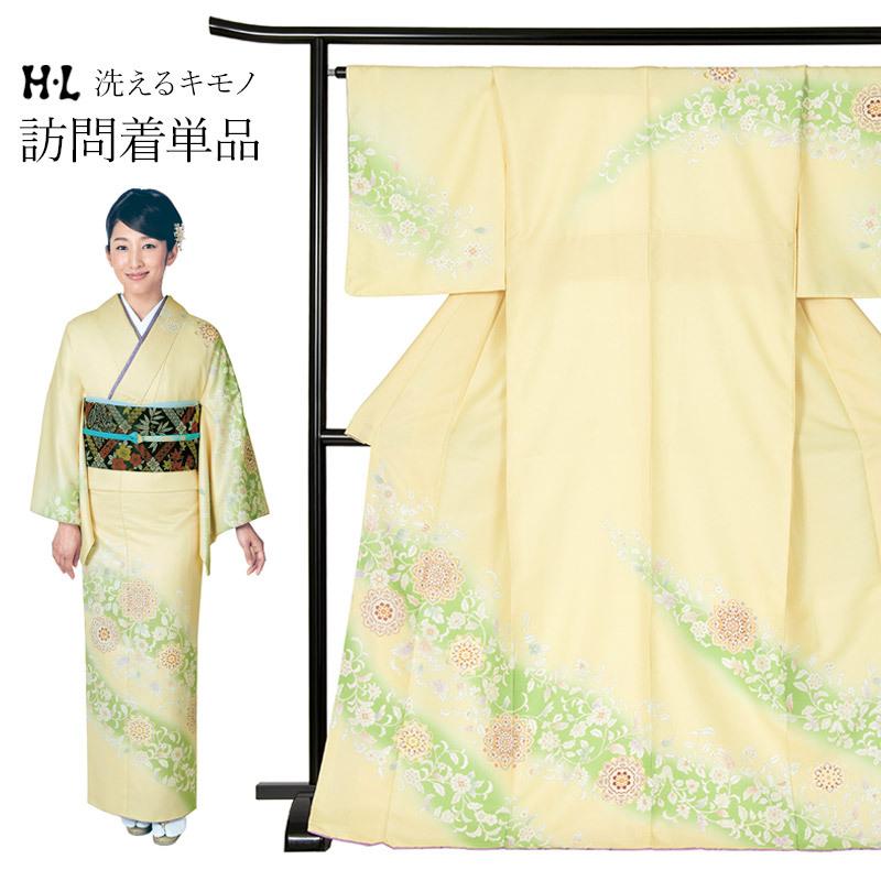 附下 訪問着 洗える着物 仕立て上り 淡黄緑ぼかし アラベスク 裄