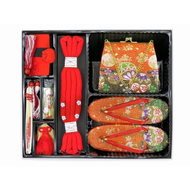 94 黒×朱色×鞠 ペアセット 結び帯・箱せこセット 7歳 七五三