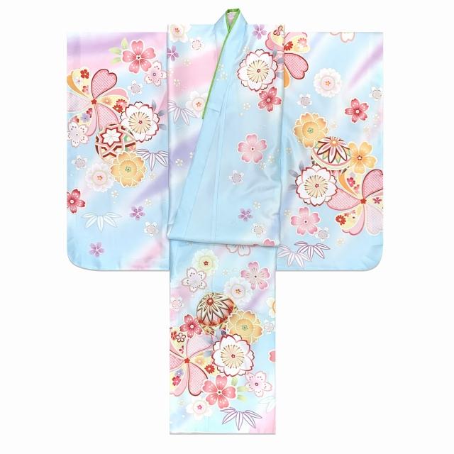 七五三 着物 7歳 単品 金駒刺繍 絵羽柄の四つ身の子供着物(合繊)「水色