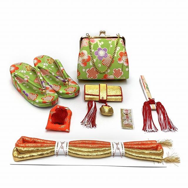 フルセット　七五三７歳女の子　総絞り　黄緑　豪華刺繍　赤丸帯　菊　小物7062 七五三 7歳 女の子用 大寸 結び帯 はこせこセット ペアセット(合繊