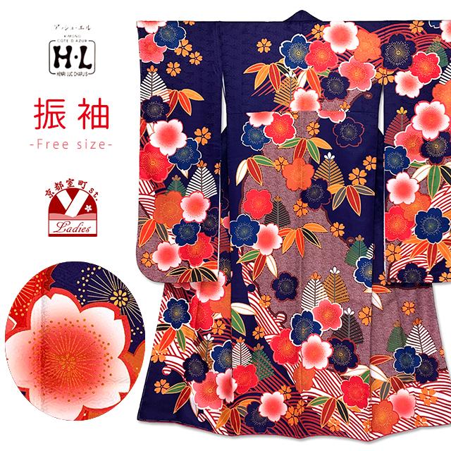 【振袖単品】 H・L アッシュエル 赤・黒に桜模様 洗える着物 成人式 結婚式 H.L（アッシュ・エル） 振り袖 成人式 「H・L」 フリーサイズ 古典柄