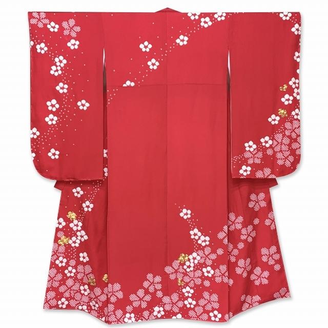 桜舞う季節 京都室町st. 七五三 7歳 女の子用 日本製 正絹 本絞り柄 金駒刺繍 絵羽付け 四つ身の着物「チェリーレッド、梅」HYS218 