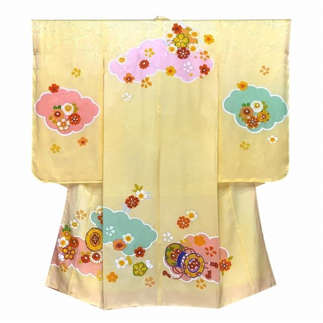 七五三 着物 7歳 絵羽柄 金駒刺繍 四つ身の子供着物 正絹「淡黄色、鼓