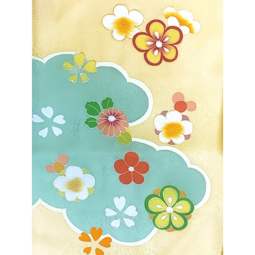 七五三 着物 7歳 絵羽柄 金駒刺繍 四つ身の子供着物 正絹「淡黄色、鼓