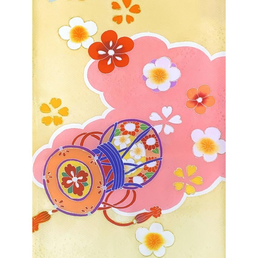 七五三 着物 7歳 絵羽柄 金駒刺繍 四つ身の子供着物 正絹「淡黄色、鼓