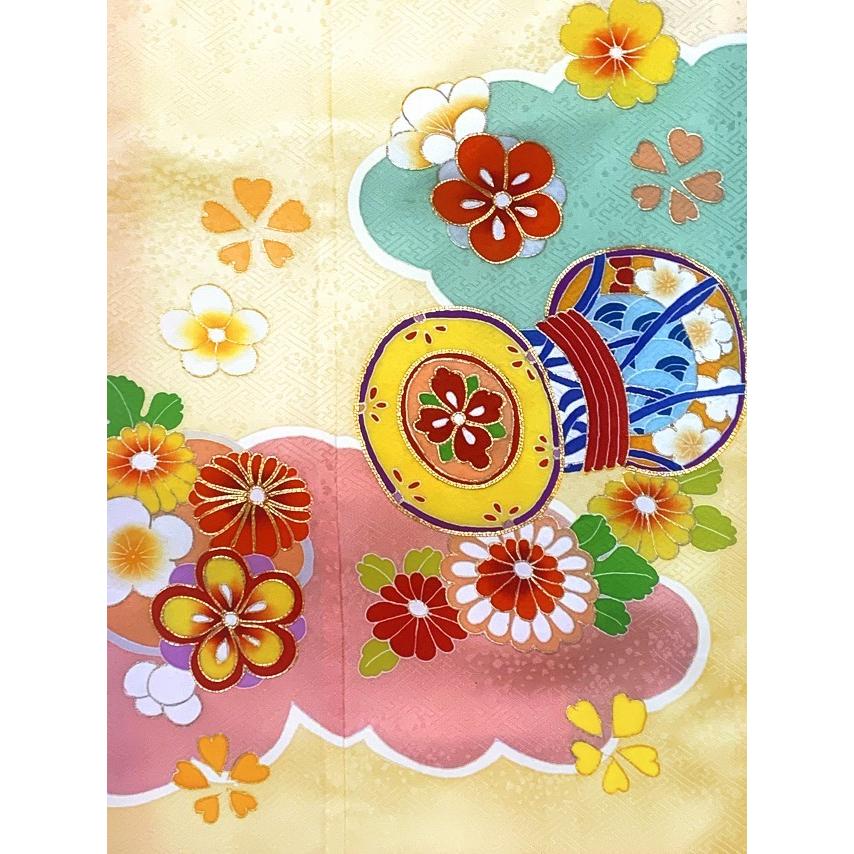 七五三 着物 7歳 絵羽柄 金駒刺繍 四つ身の子供着物 正絹「淡黄色、鼓