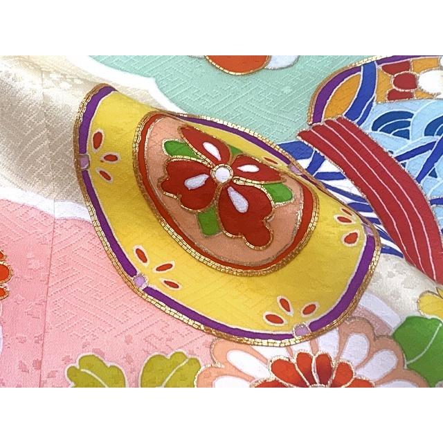 七五三 着物 7歳 絵羽柄 金駒刺繍 四つ身の子供着物 正絹「淡黄色、鼓