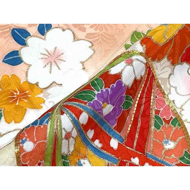 オレンジ 金駒刺繍 源氏車 花 七五三 7歳 13点フルセット 髪飾り付き