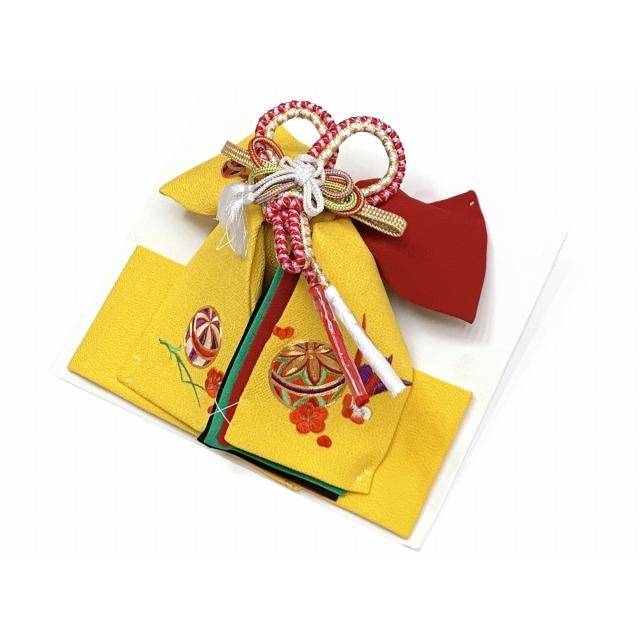 七五三 結び帯 正絹 ちりめん生地 刺繍柄作り帯 三歳用(小寸)「黄色x