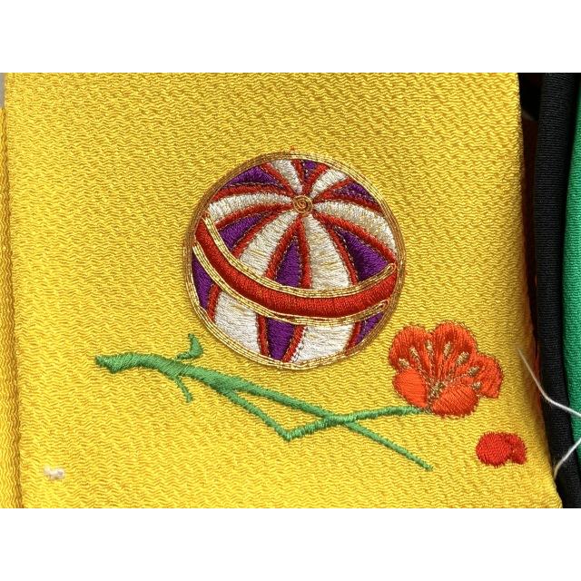 七五三 結び帯 正絹 ちりめん生地 刺繍柄作り帯 三歳用(小寸)「黄色x