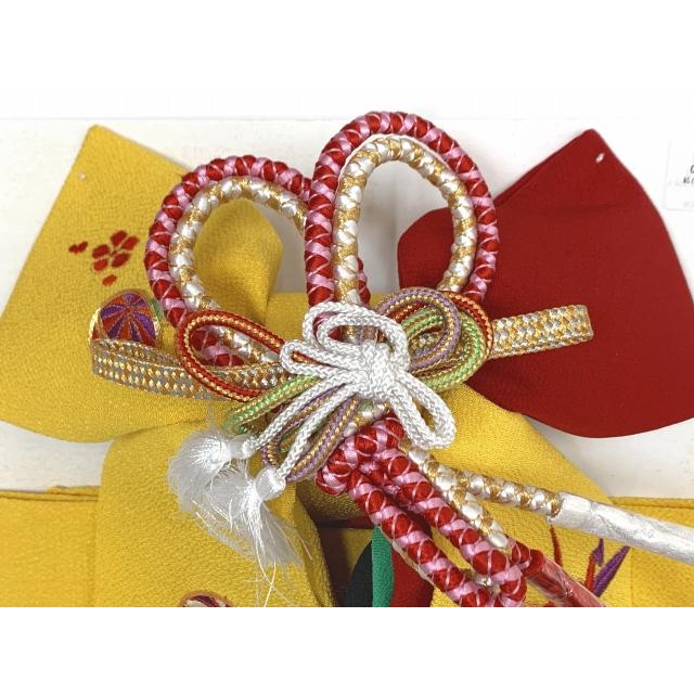 七五三 結び帯 正絹 ちりめん生地 刺繍柄作り帯 三歳用(小寸)「黄色x