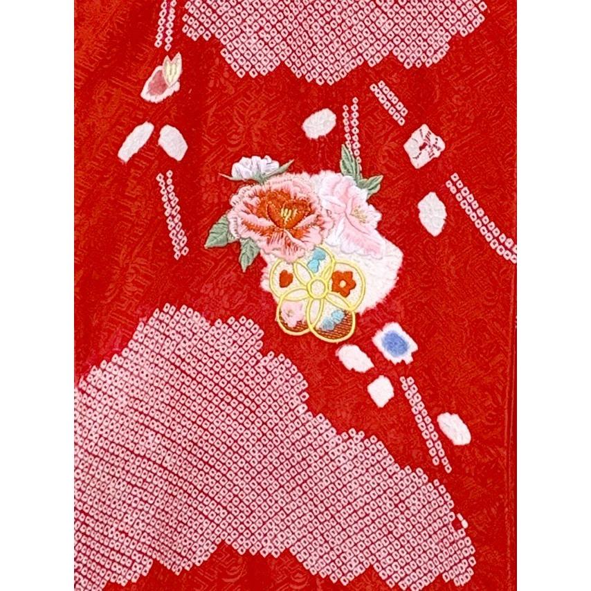 鹿の子総絞り 子供着物 七五三 3歳 女の子 鶴 牡丹 毬刺繍 産着 お宮参り