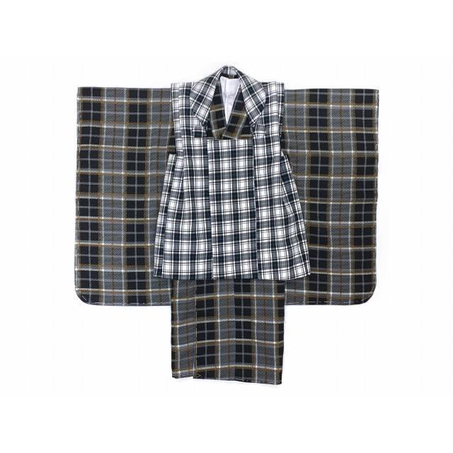 三歳★美品★モダン★チェック被布＆黒ストライプ着物＆雪駄18 七五三 着物 3歳 男児 珍しいモダン柄 被布セット 合繊 フルセット