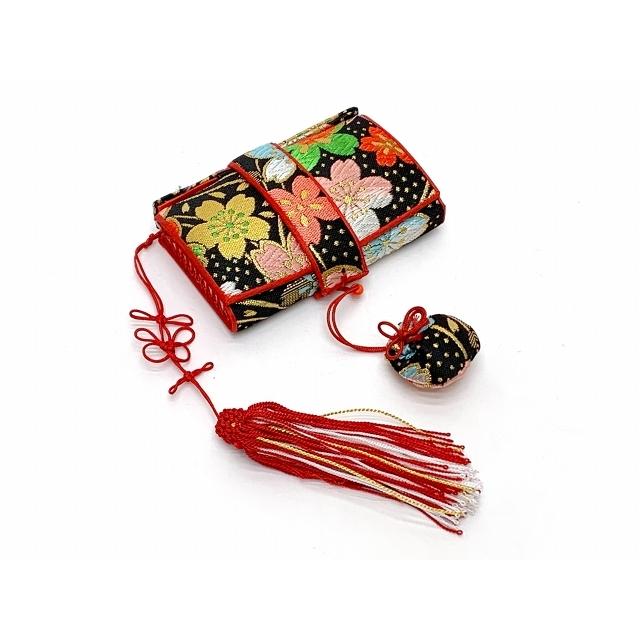 七五三 はこせこセット 美やび 7歳 金襴 箱迫 小物セット「黒地、桜