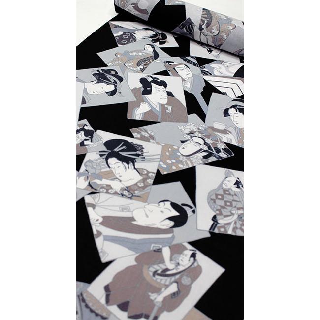 麻 綿 長襦袢 洗える 反物 友禅 カジュアル 浮世絵 江戸 レトロ 黒