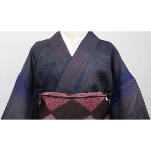 単衣 夏 秋 着物 麻 プレタ 洗える 仕立て上がり Lサイズ 市松 パープルの画像