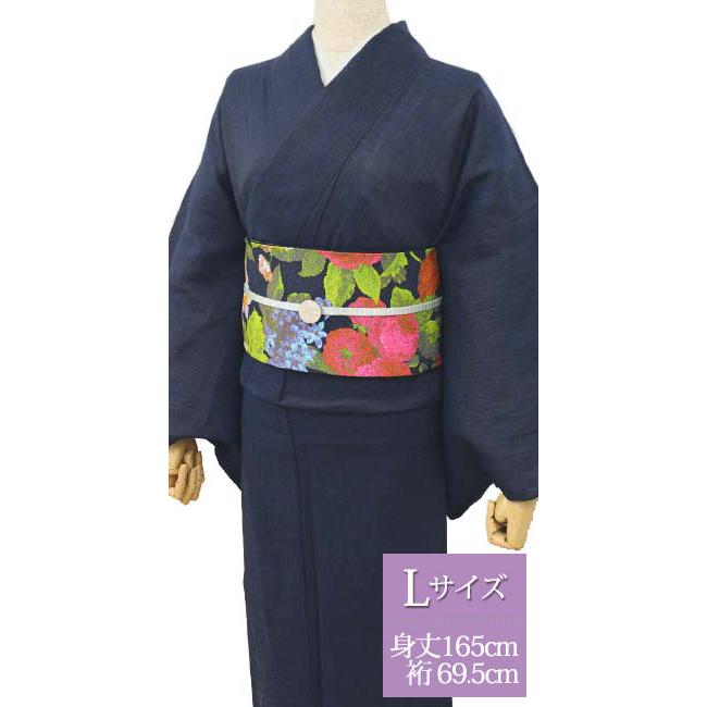 平和屋着物＊夏物　小紋　ちぢみ織　枝葉文　AABD4617jd 夏 着物 麻 近江ちぢみ プレタ 洗える 仕立て上がり Lサイズ 無地 紺
