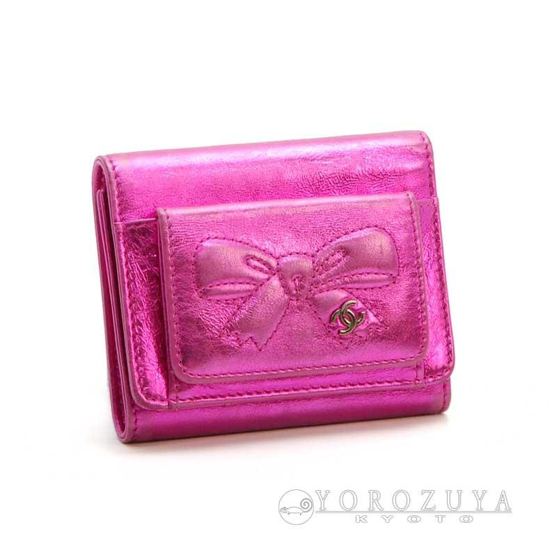 最安価格 コンパクトウォレット 64 三つ折り財布 シャネル Chanel 送料無料 代引手数料無料 レザー 中古 09年春夏 ミニウォレット Ccマーク リボンステッチ Sv金具 メタリックピンク 財布