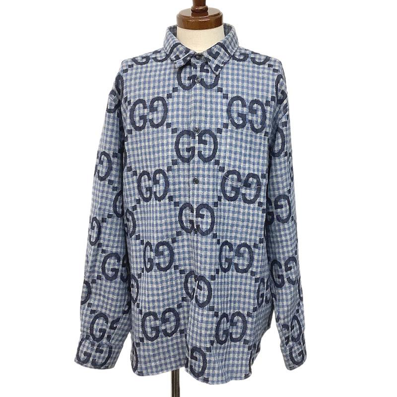 GUCCI グッチ ジャンボGGチェック ウール シャツ ブルー #52 GUCCI グッチ ジャンボGGチェック ウール シャツ ブルー #52