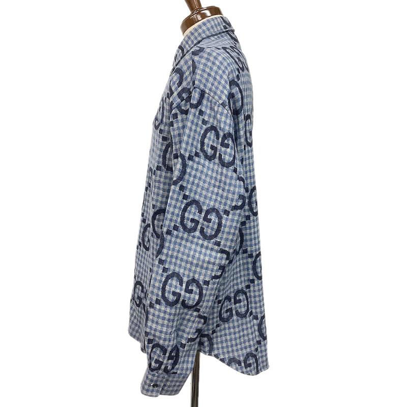 GUCCI グッチ ジャンボGGチェック ウール シャツ ブルー #52 GUCCI グッチ ジャンボGGチェック ウール シャツ ブルー #52