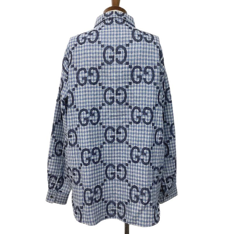 GUCCI グッチ ジャンボGGチェック ウール シャツ ブルー #52 GUCCI グッチ ジャンボGGチェック ウール シャツ ブルー #52