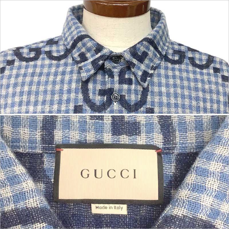 GUCCI グッチ ジャンボGGチェック ウール シャツ ブルー #52 GUCCI グッチ ジャンボGGチェック ウール シャツ ブルー #52
