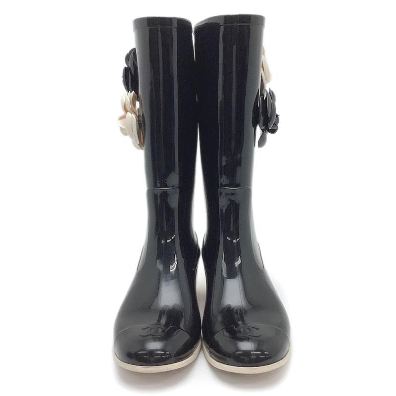 CHANEL シャネル レインブーツ ラバー ブラック ホワイト #37 CHANEL シャネル レインブーツ ラバー ブラック ホワイト #37