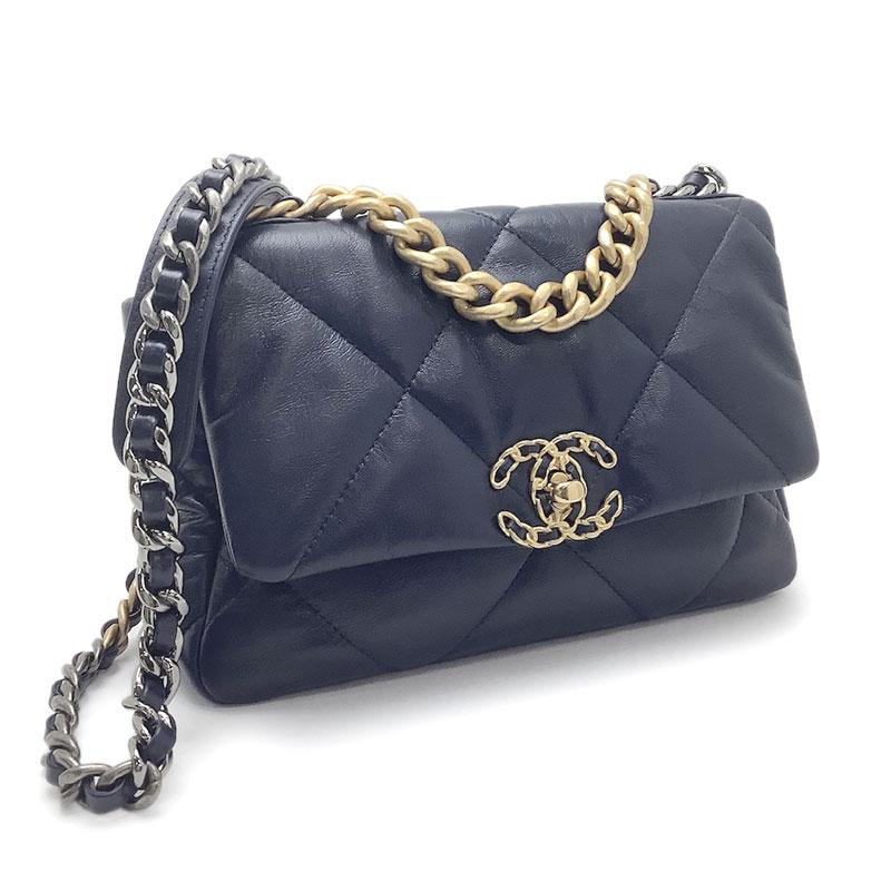 CHANEL シャネル CHANE 19 チェーンショルダーバッグ レザー ネイビー 