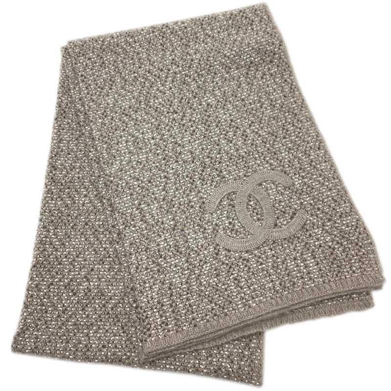 未使用品に近い超美品☆CHANEL シャネル　カシミヤツイードマフラー　刺繍ロゴ 未使用品に近い超美品☆CHANEL シャネル カシミヤツイードマフラー