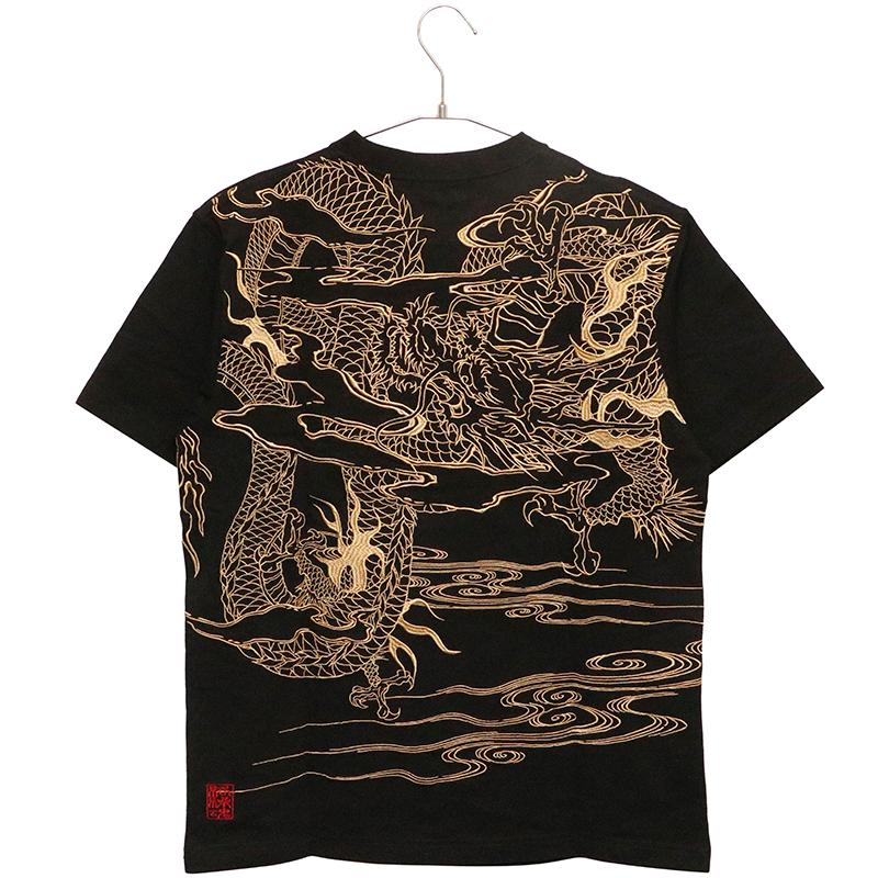 絡繰魂 からくりだましい 龍彫り 柄 刺繍 和柄 半袖Tシャツ