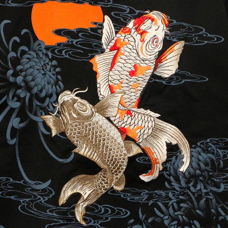 絡繰魂 からくりだましい 双鯉 柄 刺繍 和柄 半袖Tシャツ 252032 