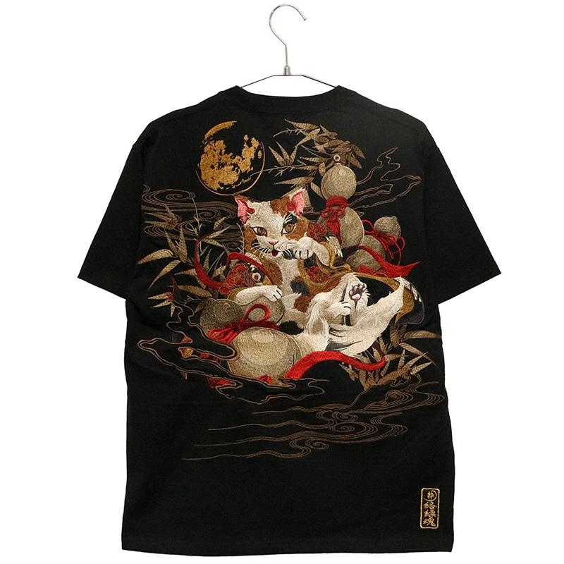 絡繰魂 粋 からくりだましい いき 猫又 柄 刺繍 和柄 半袖Tシャツ